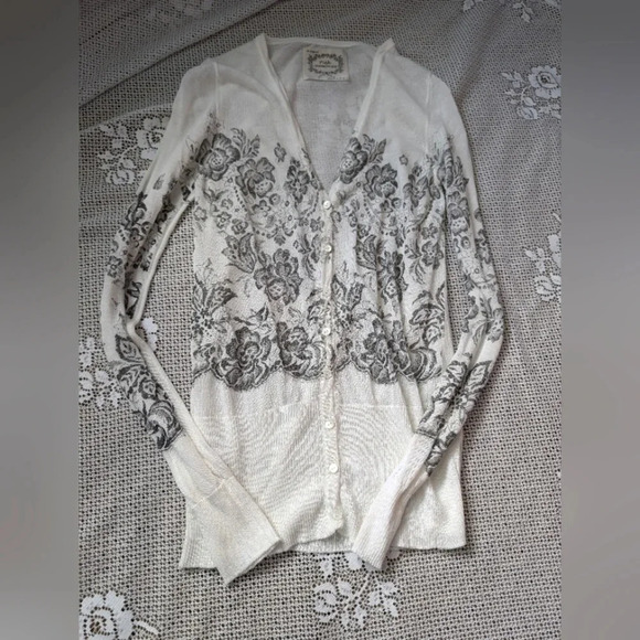 Ivory Floral Lightweight Merino Wool Cardigan - Picture 5 of 7